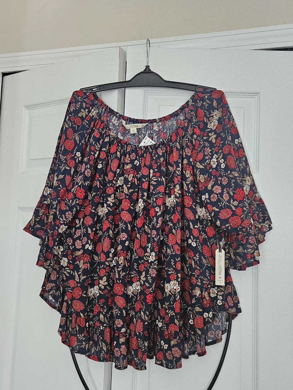 Vanilla Star Navy Off-Shoulder Floral Ruffle Tunic with Red Blooms